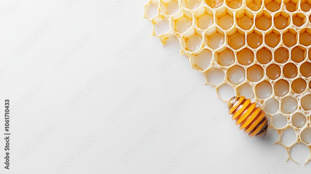 Poster honeycomb with bee larva white background natural pattern closeup macro