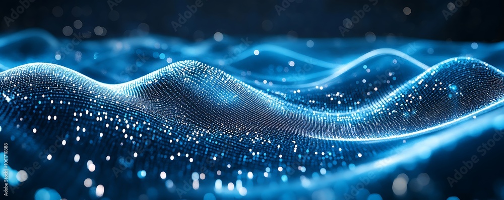 Aufkleber a digital representation of flowing waves with luminous particles, evoking a sense of motion.
