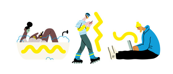 Creative workspace, modern flat vector concept illustration of a person working with a computer Remote work, flexibility, independence, efficiency, mobility, synergy, freedom