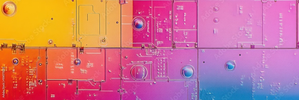 Poster abstract background with colorful geometric shapes and lines, resembling a circuit board.
