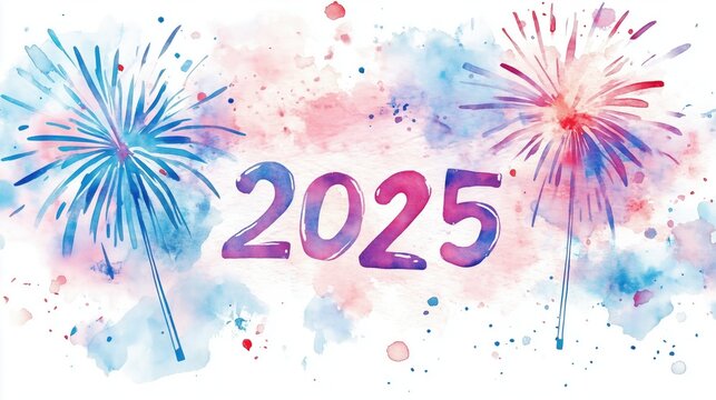 Colorful fireworks celebrate the arrival of the New Year 2025 with vibrant splashes of color and festive atmosphere. Watercolor background, creating a joyful and celebratory mood.