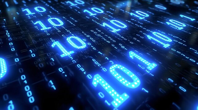 Abstract representation of binary code with glowing blue numbers on a dark background, symbolizing digital technology and data processing.