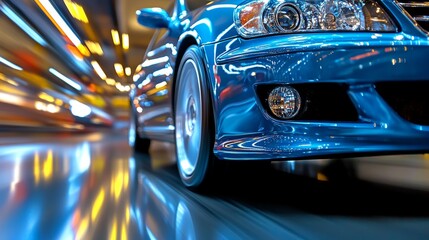 Fototapeta premium Blue Car Driving Through City Lights at Night