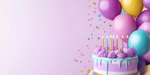 birthday party balloons, colourful balloons background and birthday cake created by ai