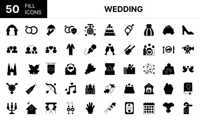 Collection of 50 Wedding fill icons featuring editable strokes. These outline icons depict various modes of Wedding, ring, bride, set, cake, party, bouquet, church, 