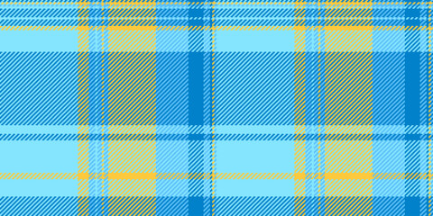 String background check fabric, ceremony plaid seamless vector. Manufacturing texture textile pattern tartan in cyan and amber colors.