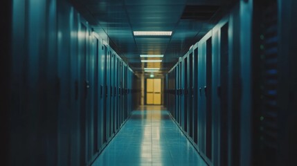 Server Room Corridor with Metal Cabinets and Bright Light at the End