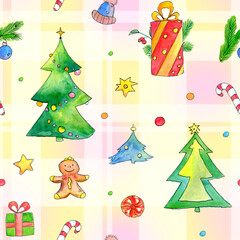 Watercolor pattern with Christmas and New Year trees and gifts.