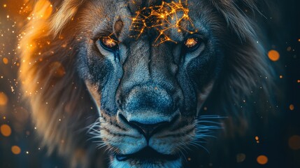 a lion designed with a blend of quantum physics motifs and abstract patterns,