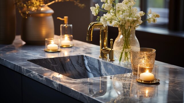 Modern kitchen sink with a gold faucet and marble countertop, adding elegance to upscale kitchen decor.