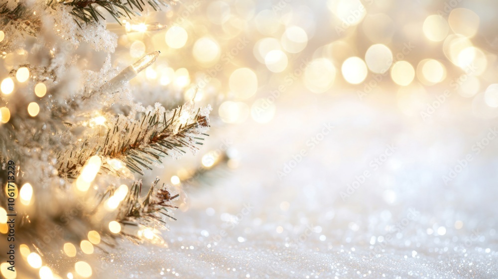Poster a white background adorned with shimmering bokeh lights in various sizes,