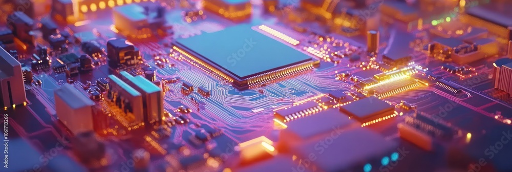 Poster closeup of a circuit board with glowing lights and a central processor.
