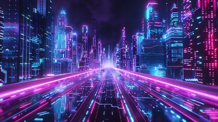 Futuristic neon cityscape with vibrant lights and a cyberpunk theme