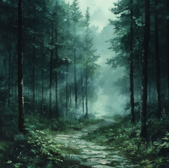 Obraz premium soft morning mist enshrouds a forest path, enhancing the greenery and tranquility