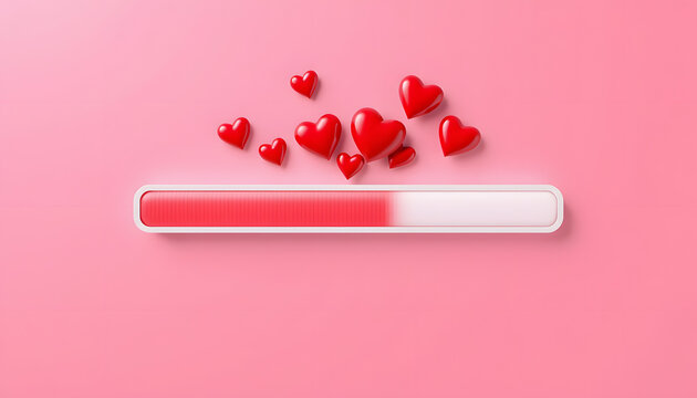 Love loading progress bar, Valentine's day loading bar with red love hearts on pink background. 3d render isolated with white highlights, png