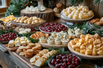 Obraz premium holiday entertaining, festive appetizers on a wooden table in a cozy cottage, ideal for holiday get-togethers