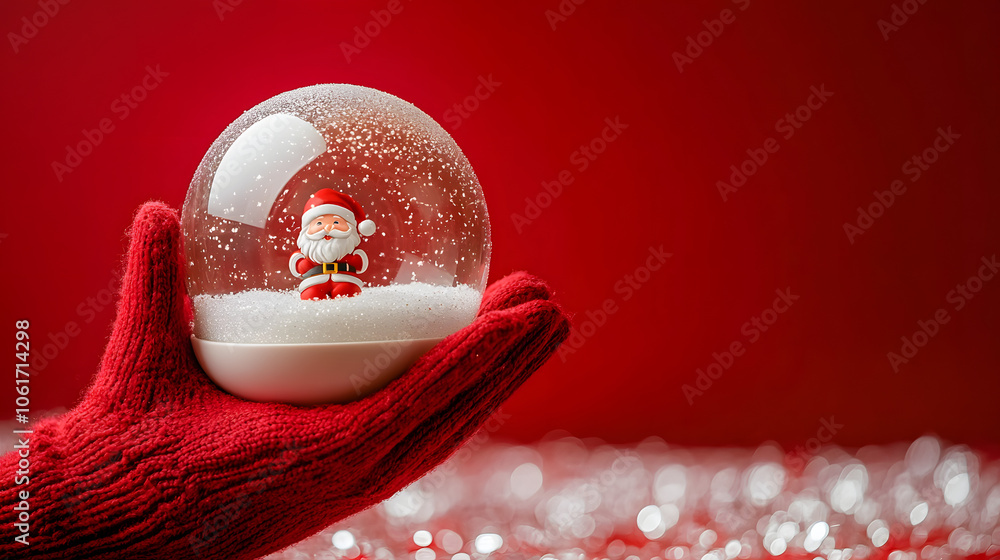 Poster isolated on red color background with side space for letters hand holding a holiday-themed snow glob