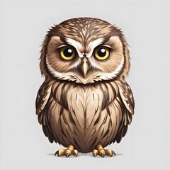 Illustration drawing of a brown owl in partial side view portrait on white background (isolated)