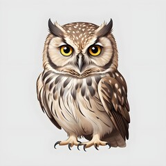 Illustration drawing of a brown owl in partial side view portrait on white background (isolated)