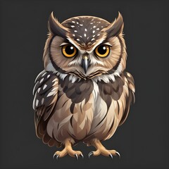 Illustration drawing of a brown owl in partial side view portrait on dark grey background (isolated)