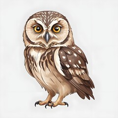 Illustration drawing of a brown owl in partial side view portrait on white background (isolated).