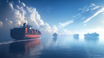 A scene of sea freight shipping with large cargo ships transporting containers across the ocean, symbolizing global trade and freight forwarding services