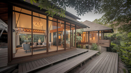 Stunning modern home with large glass windows, elegant outdoor decking, and lush greenery, creating a serene and inviting atmosphere for relaxation and entertaining.