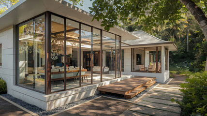Modern home with large glass windows, surrounded by trees, featuring a wooden deck and stylish outdoor seating, showcasing a blend of nature and contemporary design.