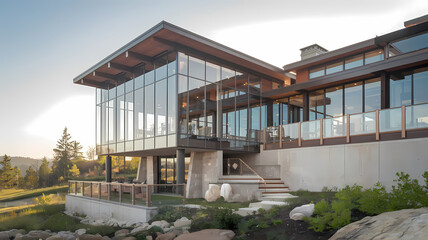 Modern glass house exterior showcasing large windows, wooden accents, and a spacious deck, surrounded by greenery and natural landscape, perfect for contemporary architecture enthusiasts.