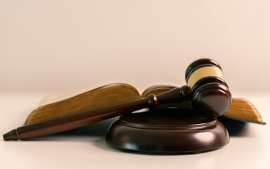 In court lawyer cited book of law as judge, holding gavel, pronounced judgement with authority of...