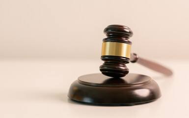 In court lawyer cited book of law as judge, holding gavel, pronounced judgement with authority of...