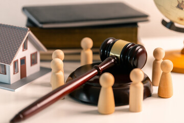 In court lawyer cited book of law as judge, holding gavel, pronounced judgement with authority of...