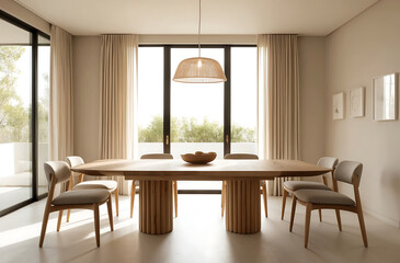 Fototapeta premium Dining room interior with natural wooden table in trendy minimal japandi style