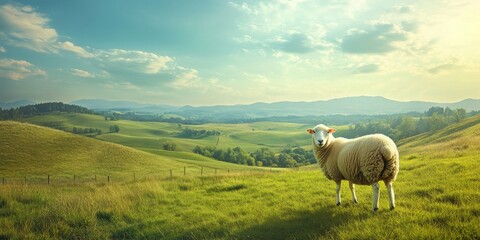 Fototapeta premium Sheep in a Peaceful Farm Landscape with Rolling Hills