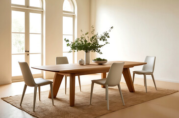 Fototapeta premium Dining room interior with natural wooden table in trendy minimal japandi style