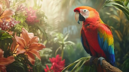 Parrot Perched on a Branch in a Lush Tropical Scene