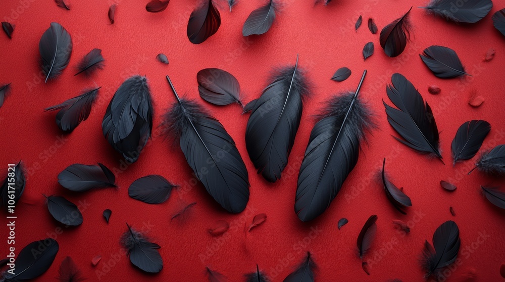 Poster red background with black feathers scattered all over it. the feathers are arranged in a way that th