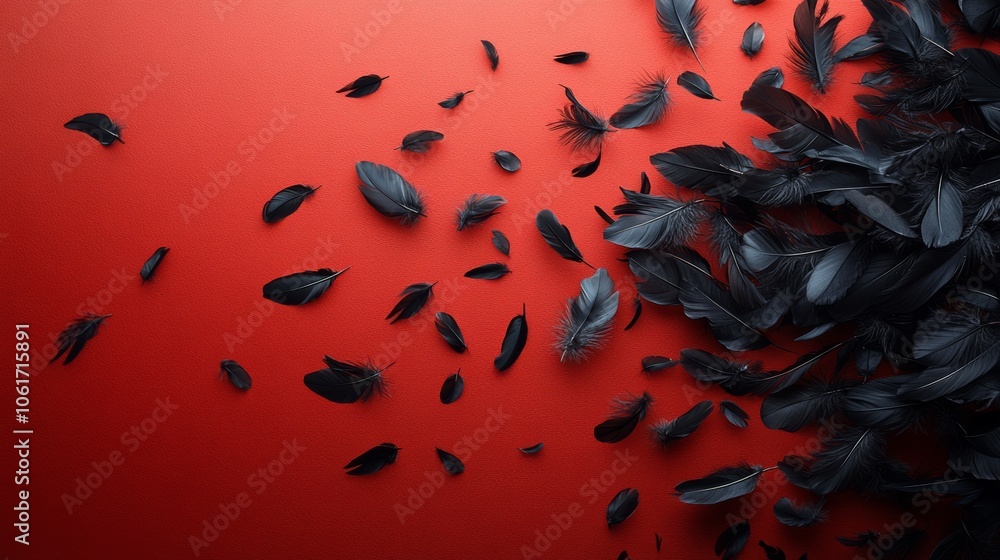 Poster red background with black feathers scattered all over it. the feathers are in different sizes and sh