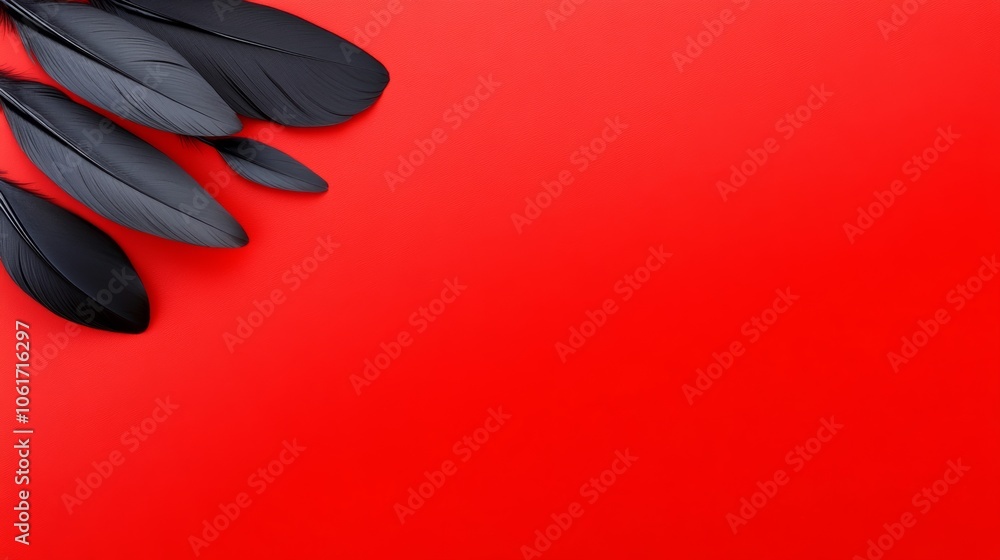 Poster red background with black feathers on it. the feathers are arranged in a way that they look like the