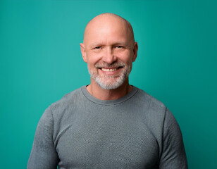 Portrait of Handsome Mature Man Looking Happy and Smiling Against Colored Studio Background