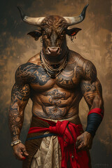 Fototapeta premium A Minotaur with the head of an ox, a muscular and powerful body covered in tribal tattoos, wearing monk's robes with a red sash around his waist, Generative AI 