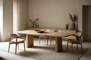 Fototapeta premium Dining room interior with natural wooden table in trendy minimal japandi style