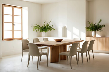 Dining room interior with natural wooden table in trendy minimal japandi style