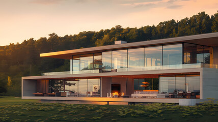 Obraz premium Modern architectural design showcasing a luxurious glass house at sunset, surrounded by greenery, featuring large windows and a cozy outdoor fireplace for entertaining.