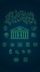 Fototapeta premium A green bank building surrounded by icons representing services and benefits of banking.