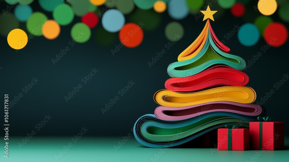 Poster colorful paper tree is displayed on a green background with a star on top. tree is made of different