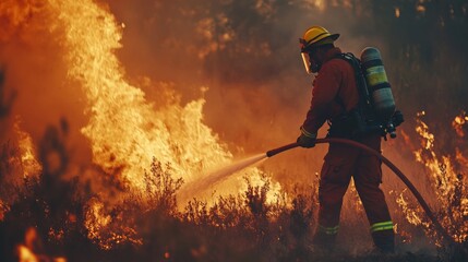A skilled firefighter controlling the wildfire spread, using a hose and working closely with other team members to manage the emergency situation