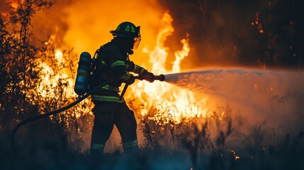 Naklejka premium A skilled firefighter controlling the wildfire spread, using a hose and working closely with other team members to manage the emergency situation