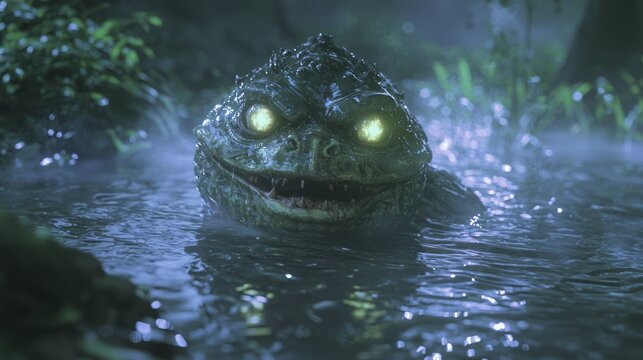 Enchanting 3D Render of Mischievous Kappa Yokai in Shallow Misty Pond with Glowing Eyes and Water-Filled Head Bowl, Ultra-Detailed Illustration