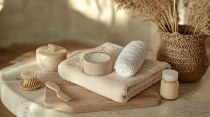 A skincare routine scene with face scrub, facial cleanser, and brightening cream, arranged with soft towels and natural skincare tools, promoting organic face care products